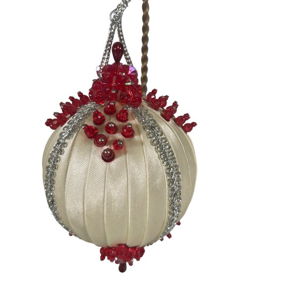 Vintage Beaded and Satin Wrapped Handmade Ornaments Set of 5 - Picture 5 of 6